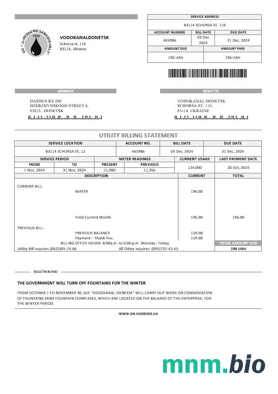 Ukraina Vodokanal Donieck (Донецькмиськводоканал) rachunek za usługi komunalne szablon w formacie Word i PDF
